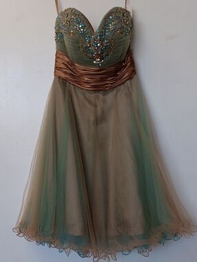 True Vintage Strapless Green and Bronze Beaded Cocktail Dress